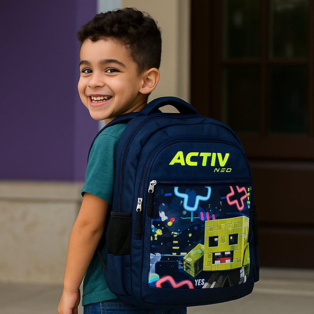 Child wearing a blue backpack with colorful graphics and 'Activ' branding.