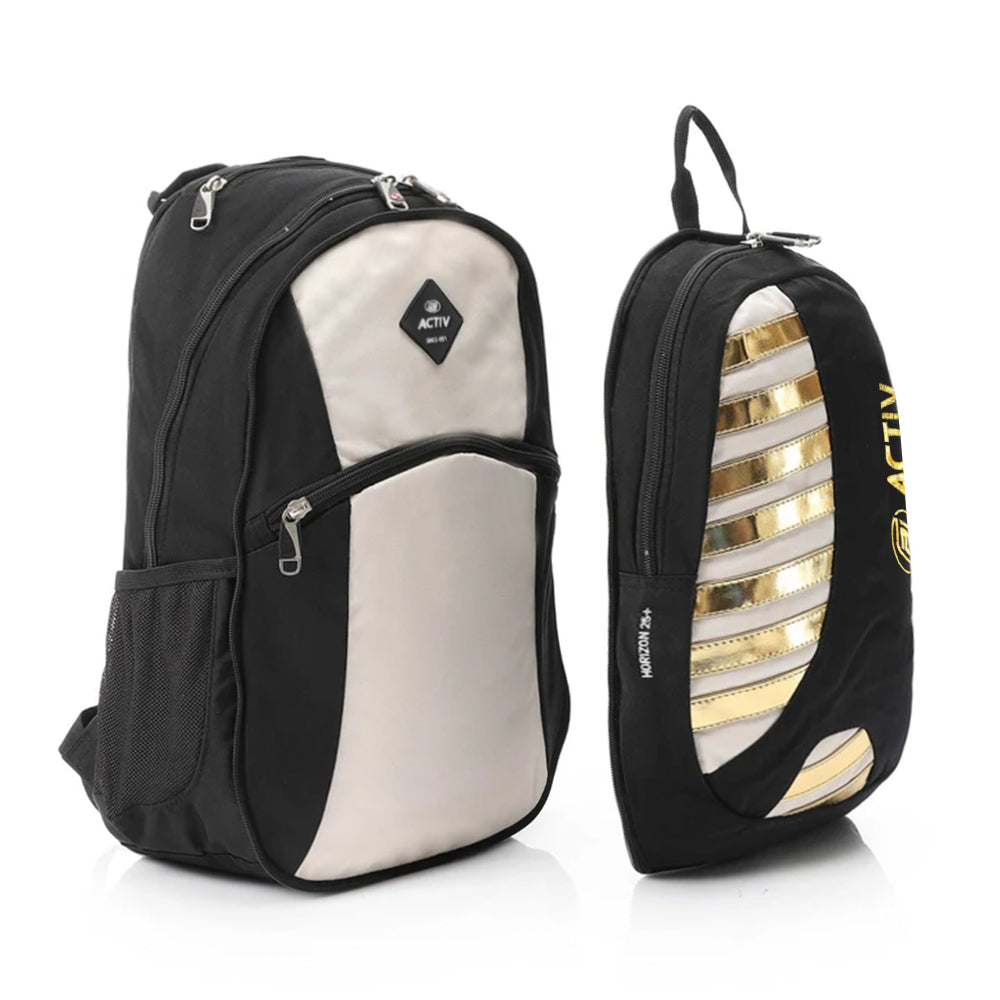 Black and white backpack with gold accents on a white background