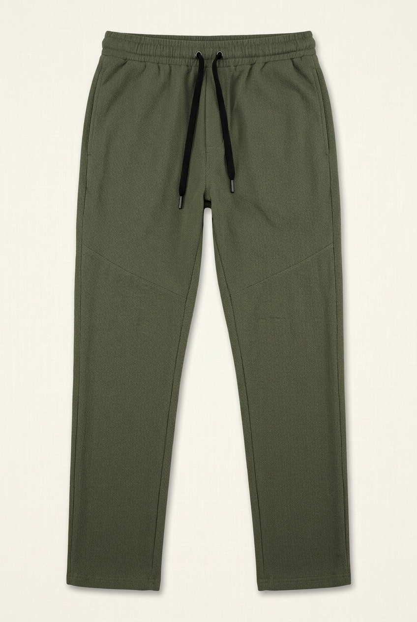 Men's Elastic Waist Casual Pants – Olive Green Drawstring Textured Trousers