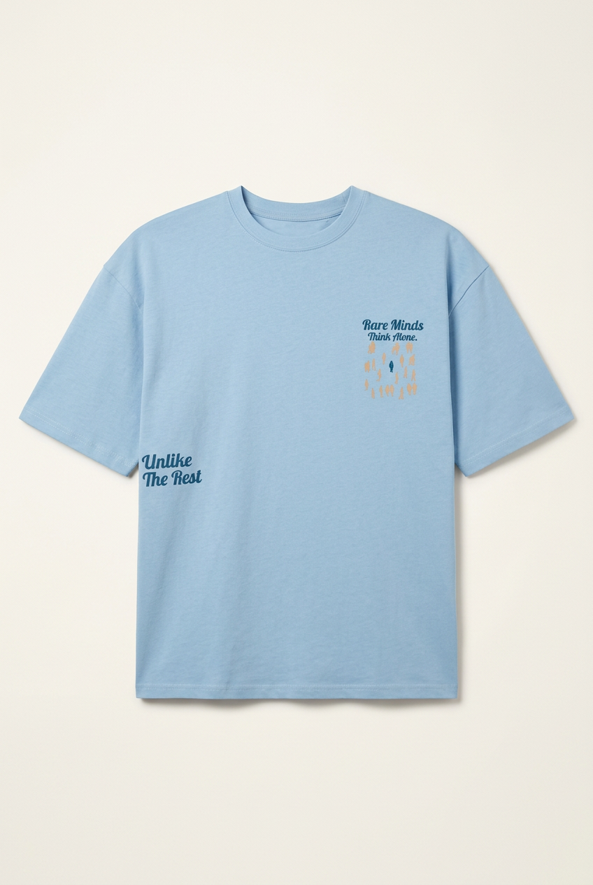 Men's Light Blue "Rare Minds Think Alone" Oversized Graphic T-Shirt