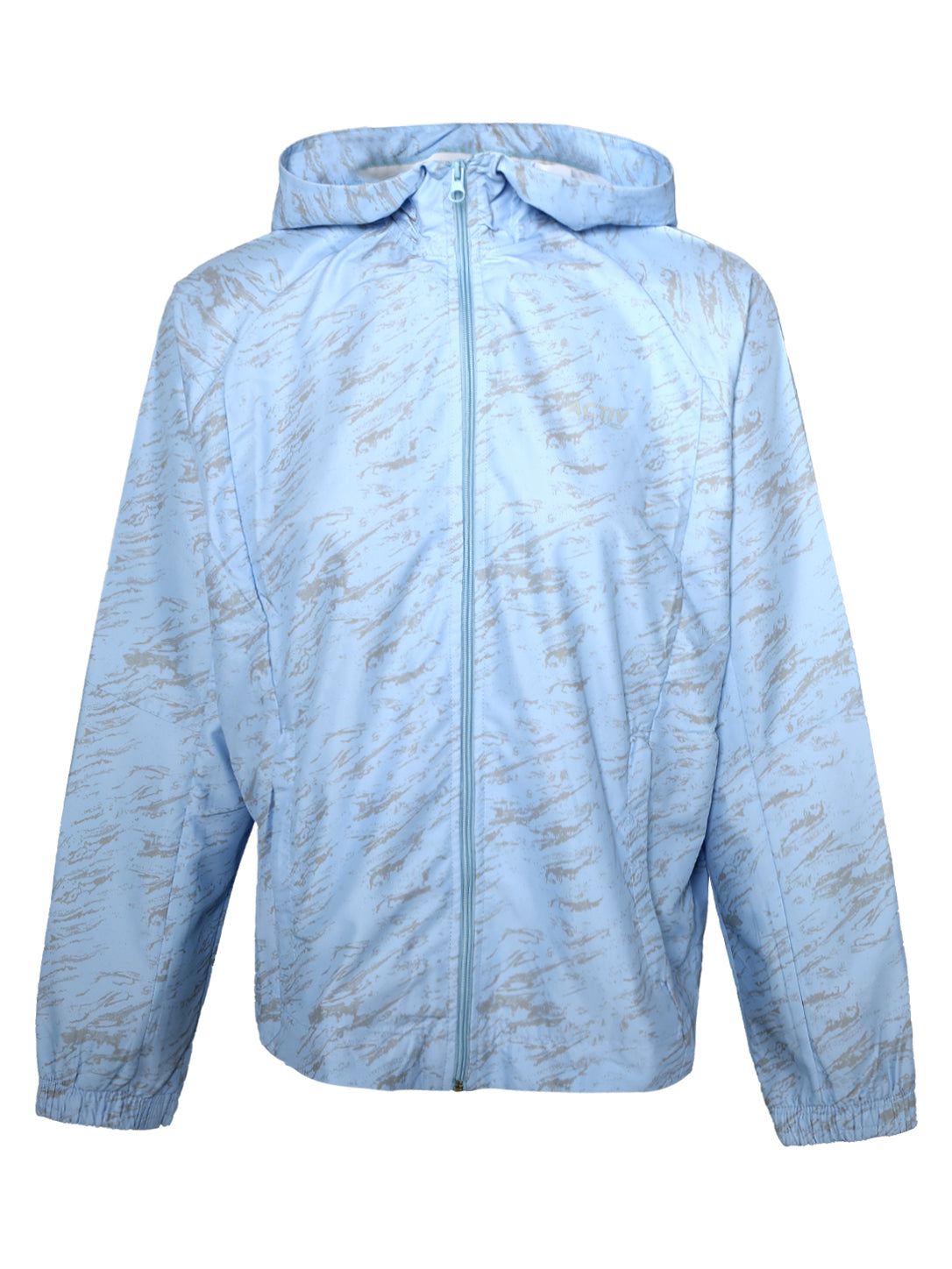 Light Blue Patterned Hooded Windbreaker Jacket – Full-Zip Outdoor Sports Jacket