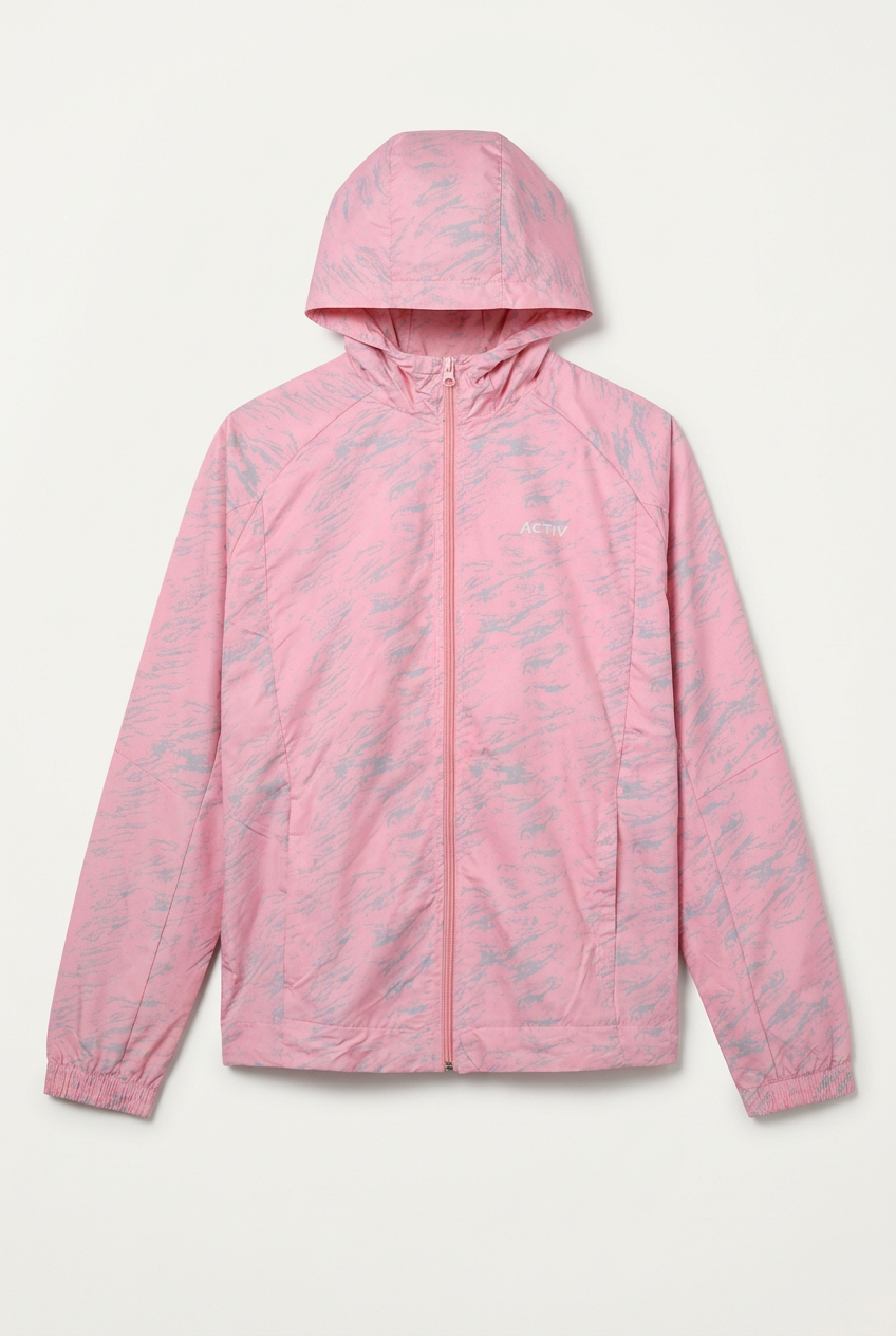 ACTIV Women's Printed Full-Zip Hooded Windbreaker Jacket – Light Pink / Grey