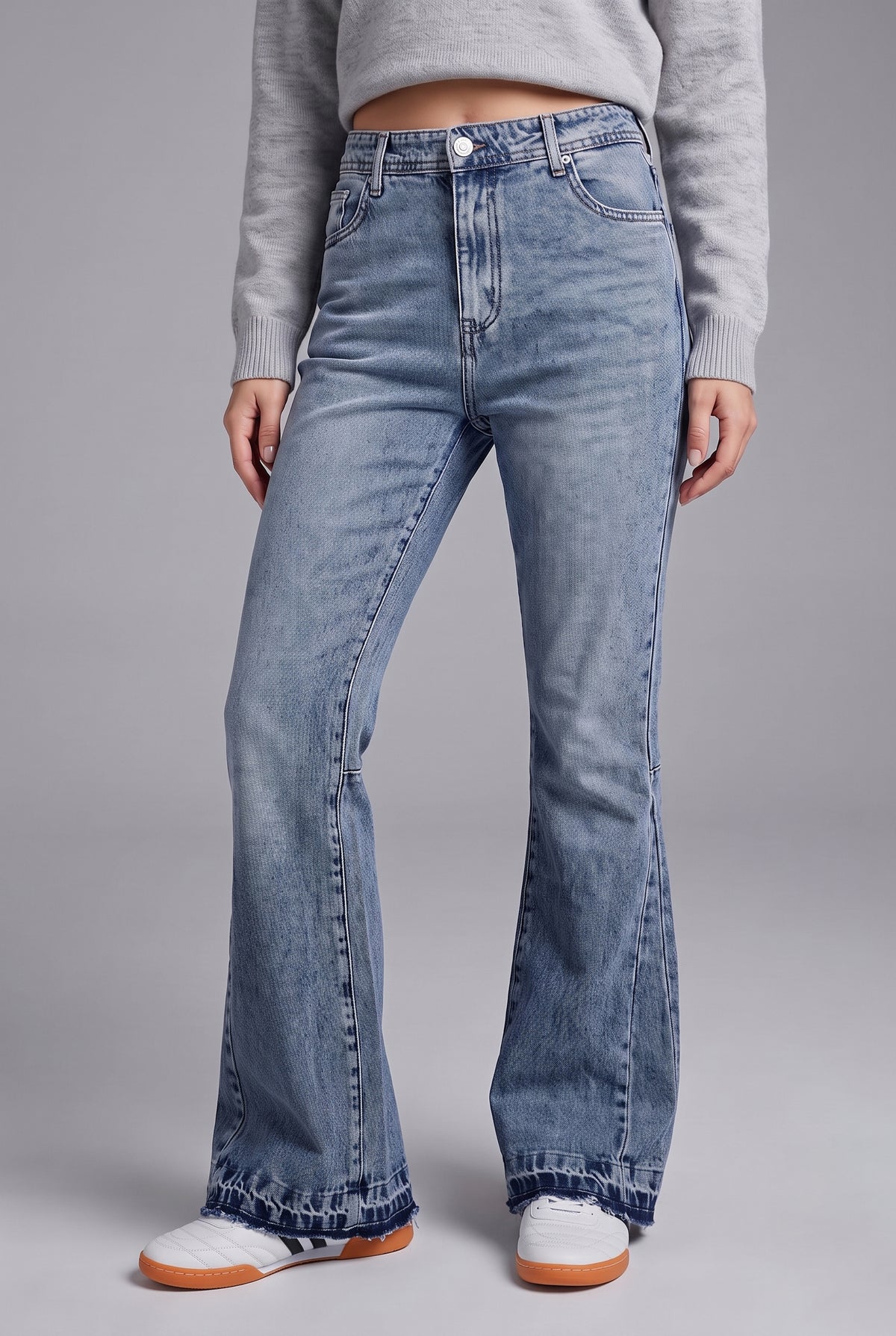 High-Waisted Faded Flare Jeans with Frayed Hem