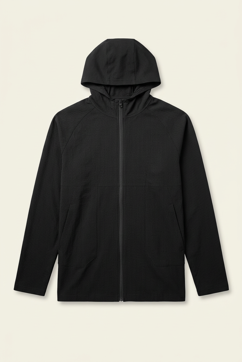Men's Black Textured Full-Zip Hooded Jacket