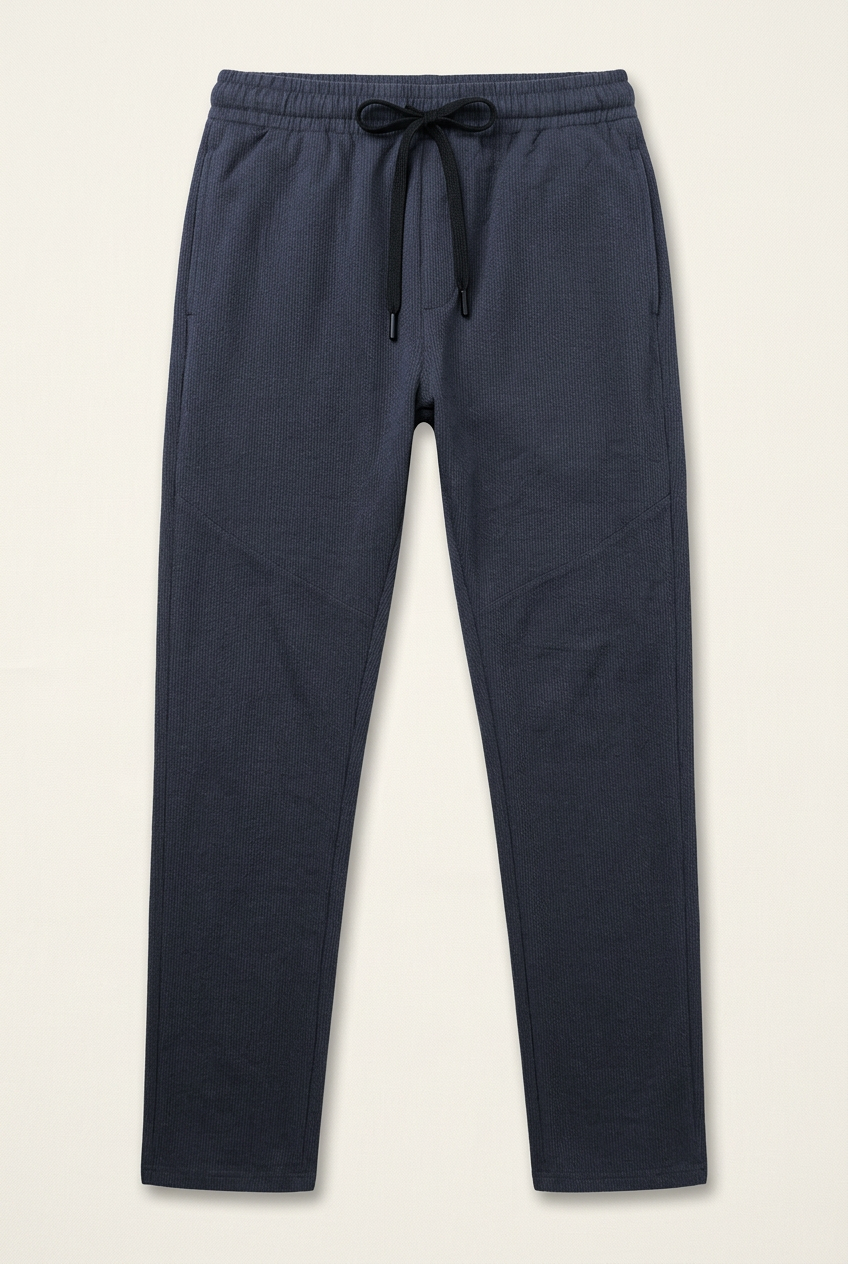 Men's Elastic Waist Casual Pants – Navy Blue Drawstring Textured Trousers
