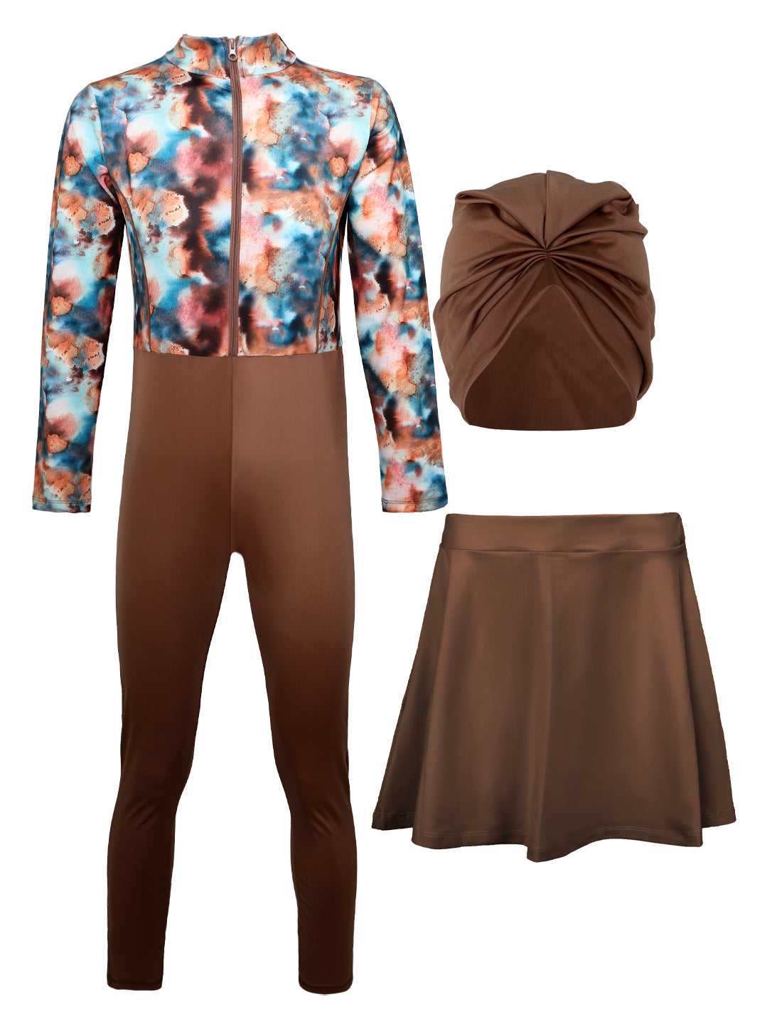 Girls' 3-Piece Full Coverage Modest Swimwear Set – Abstract Earth Tone Long Sleeve Front-Zip Jumpsuit, Swim Skirt, and Turban Cap
