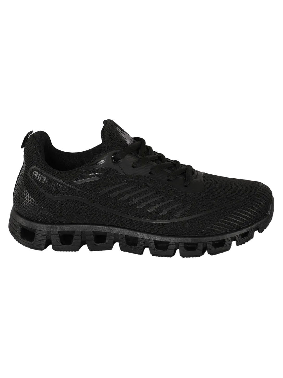 Men's All-Black Mesh Running Shoes with Textured Bumper & Hollow Sole