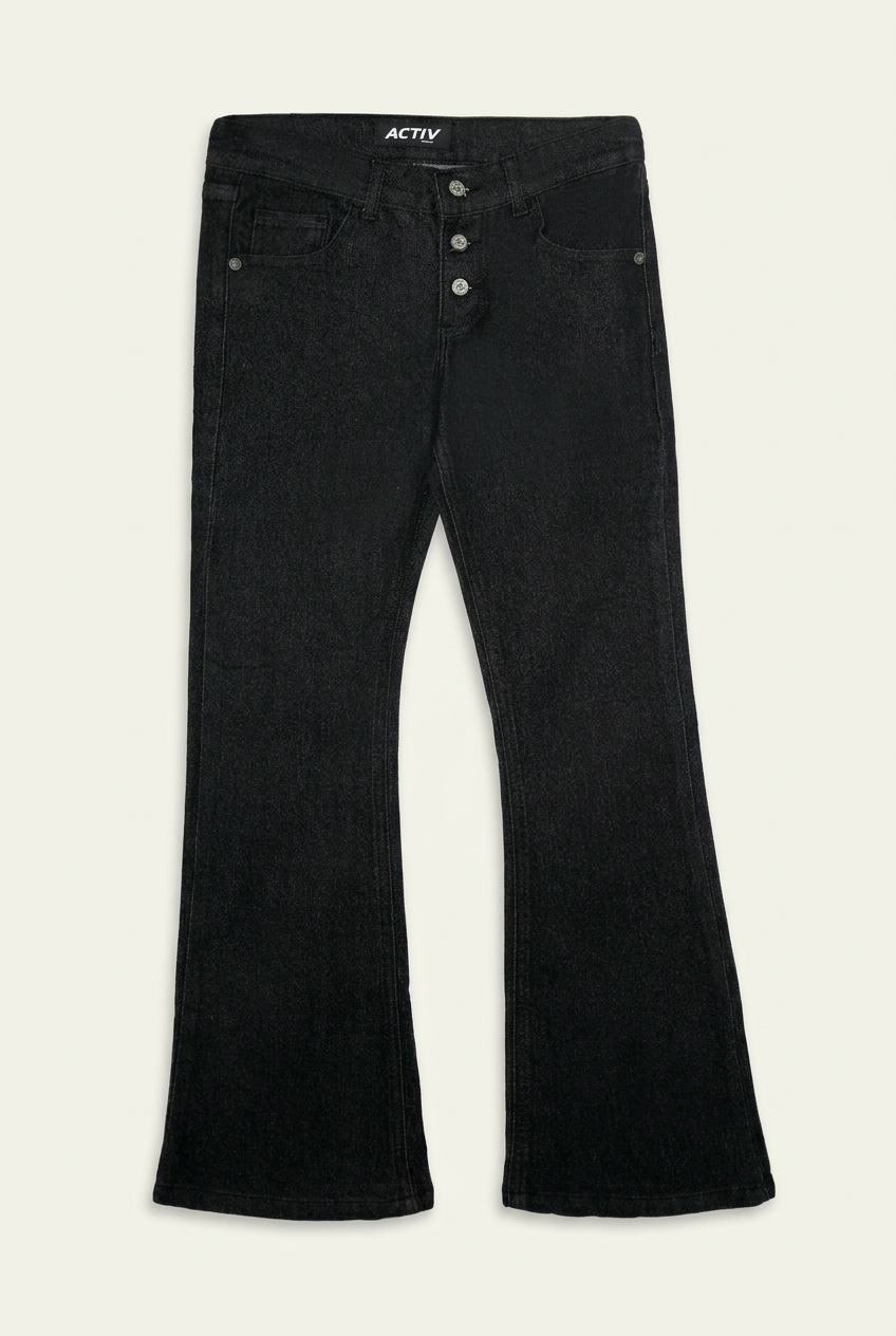 ACTIV Black Denim Flared Trousers with Multi-Button Closure