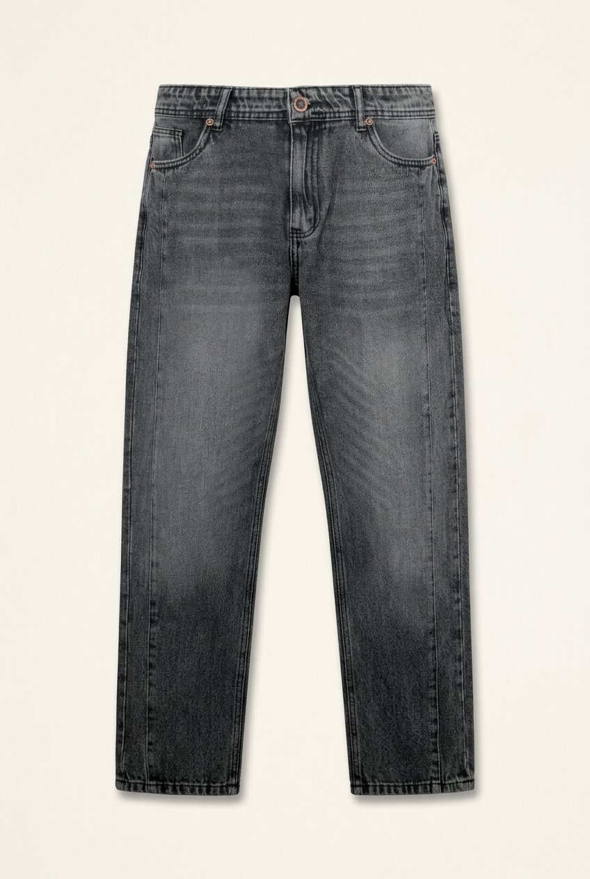 Men's Washed Dark Grey Straight-Fit Jeans – Vintage Acid Wash Denim Trousers