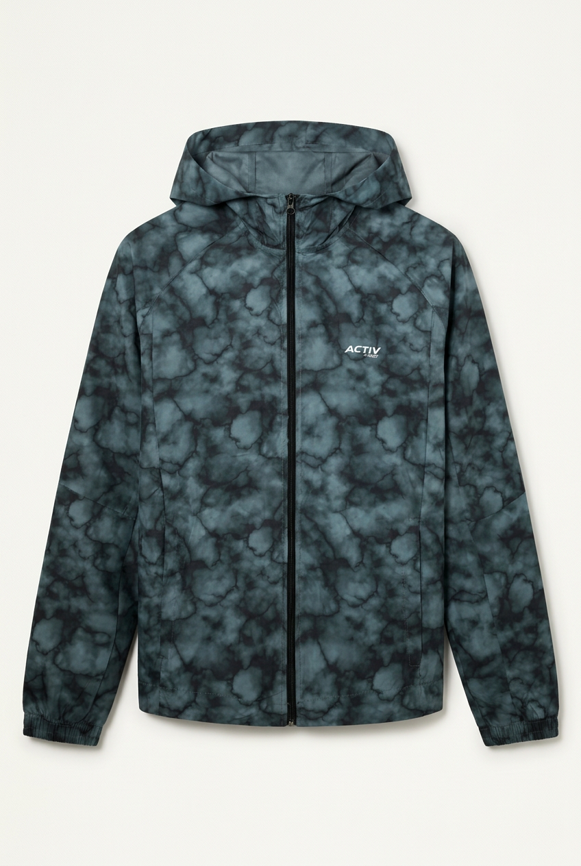 ACTIV NEO Men's Marble Print Full-Zip Hooded Windbreaker Jacket – Slate Grey / Black