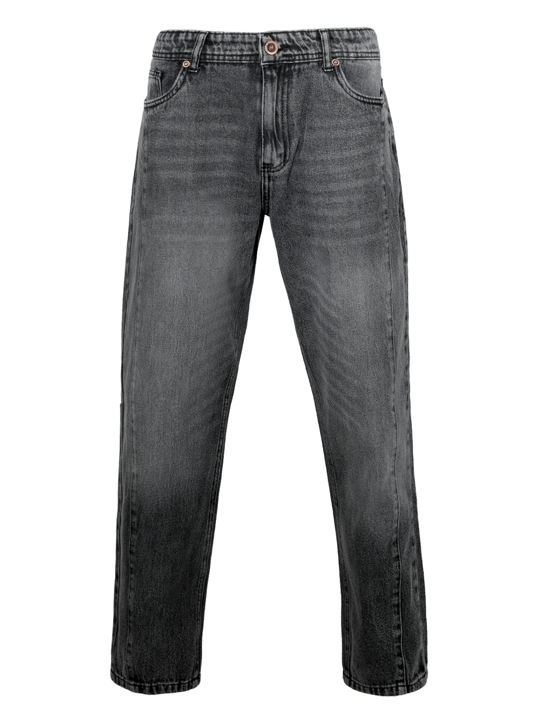 Men's Washed Dark Grey Straight-Fit Jeans – Vintage Acid Wash Denim Trousers