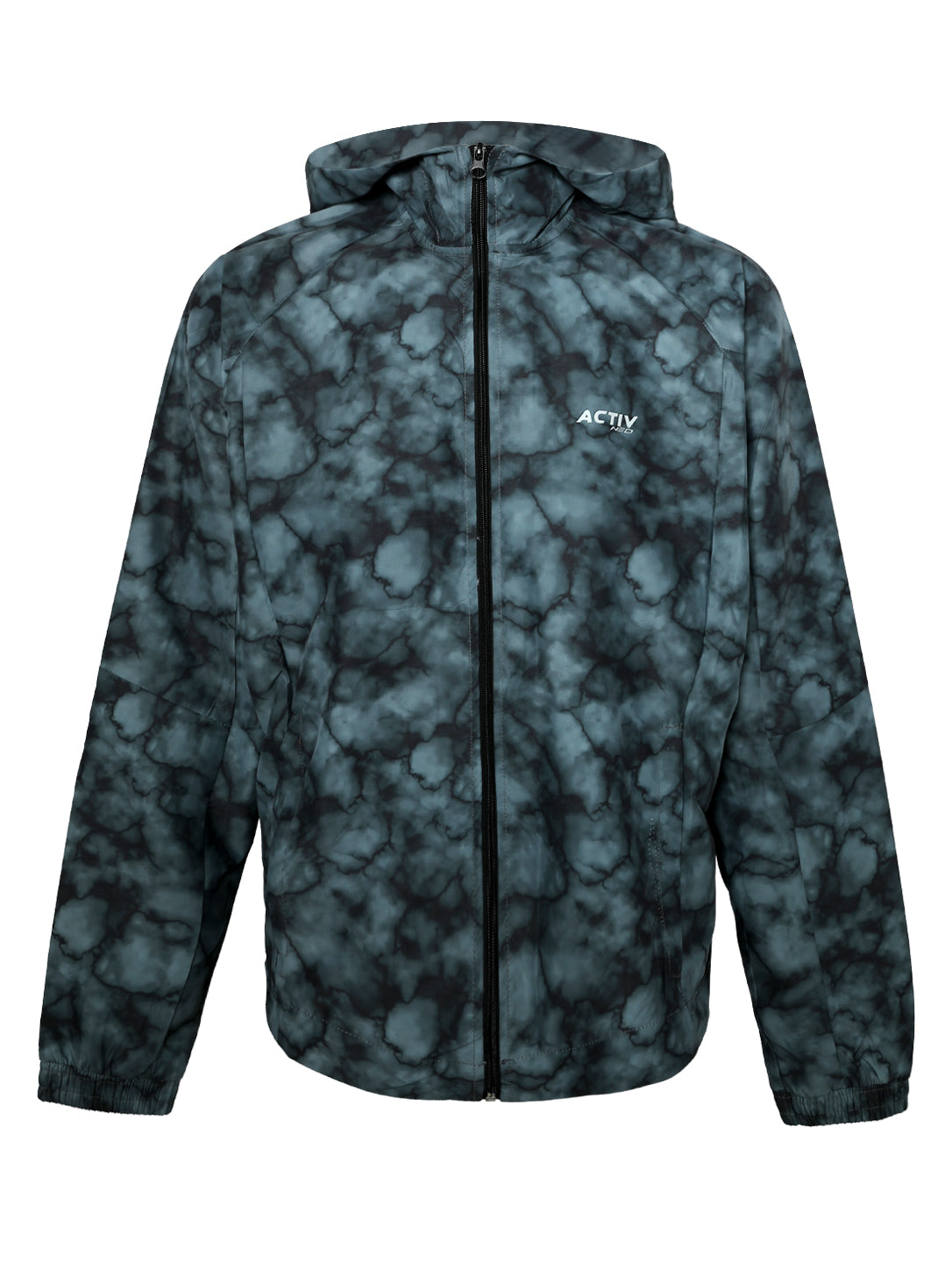 ACTIV NEO Men's Marble Print Full-Zip Hooded Windbreaker Jacket – Slate Grey / Black