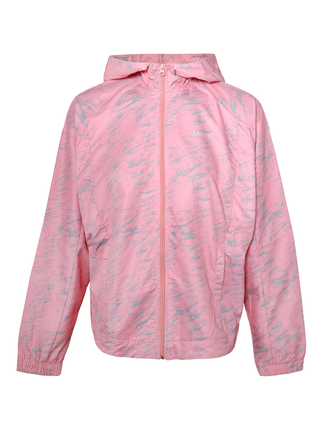ACTIV Women's Printed Full-Zip Hooded Windbreaker Jacket – Light Pink / Grey