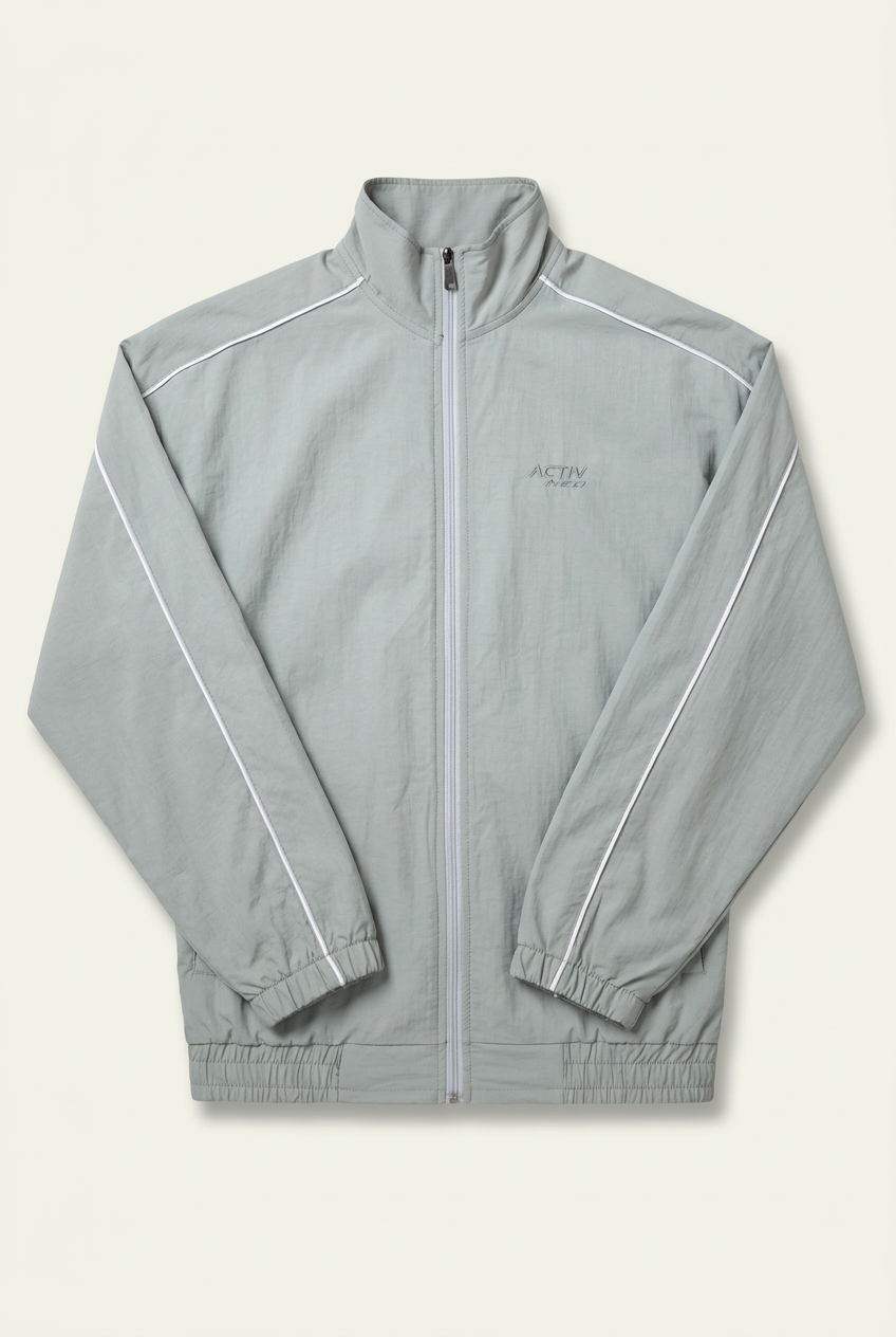ACTIV NEO Men's Full-Zip Athletic Track Jacket with Contrast Piping – Light Grey / Sage
