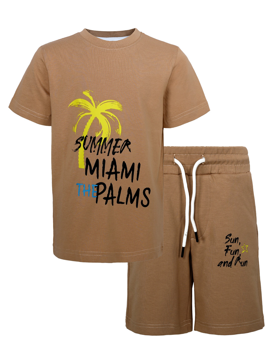 Boys' 2-Piece "Summer Miami" T-Shirt & Shorts Lounge Set – Tan/Beige