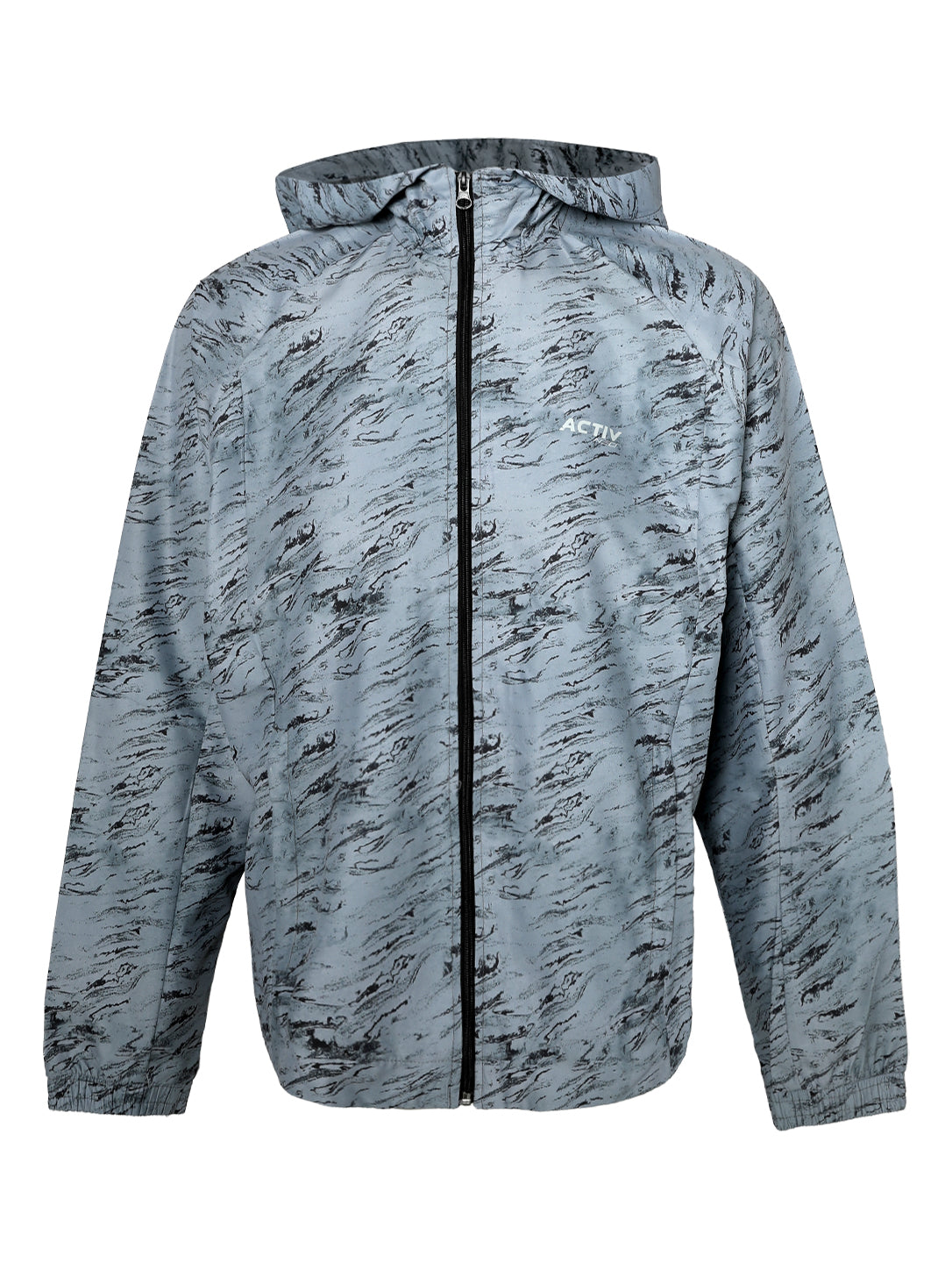 ACTIV Grey Abstract Print Hooded Windbreaker Jacket – Full-Zip Outdoor Sports Jacket