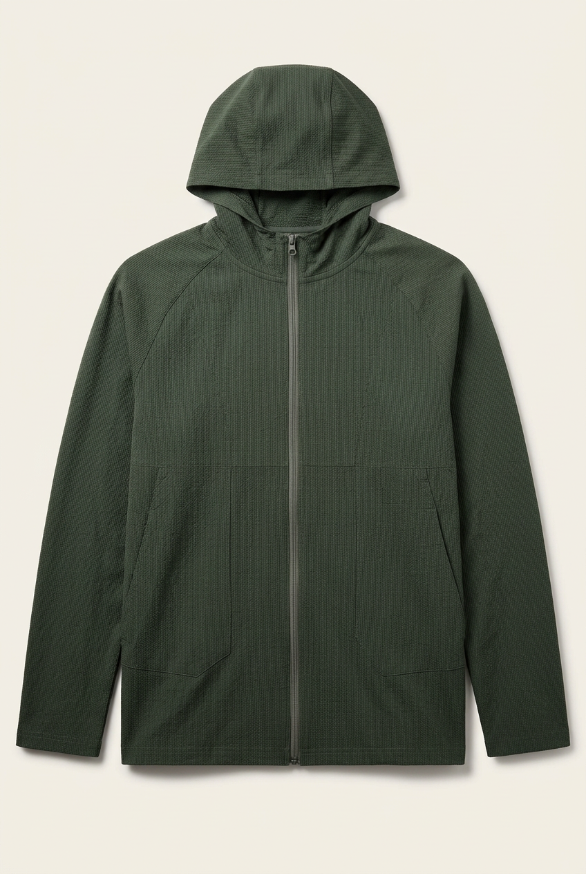 Men's Dark Olive Green Textured Full-Zip Hooded Jacket