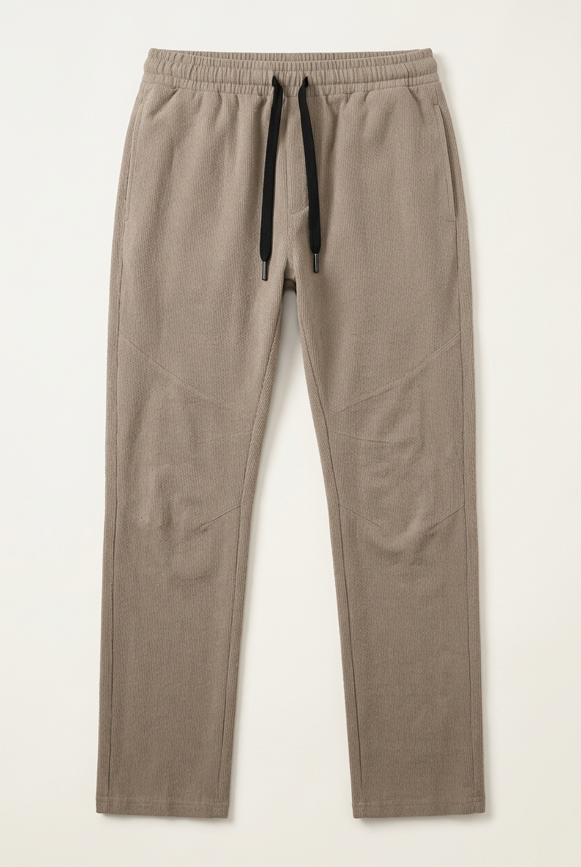 Men's Elastic Waist Casual Pants – Beige Drawstring Textured Trousers