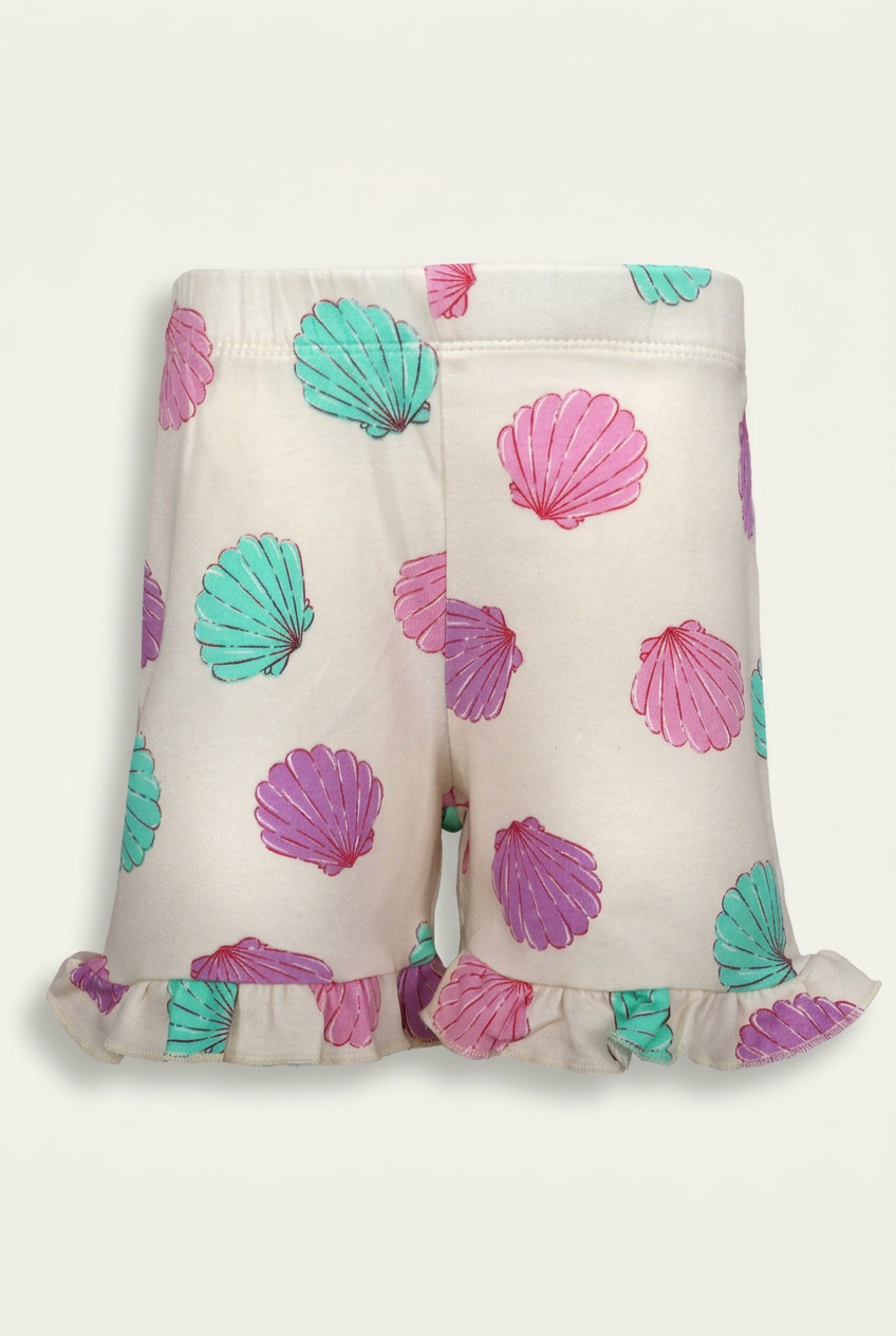 Girls' Seashell Print Ruffle Hem Shorts – Soft Off-White Cotton Summer Shorts