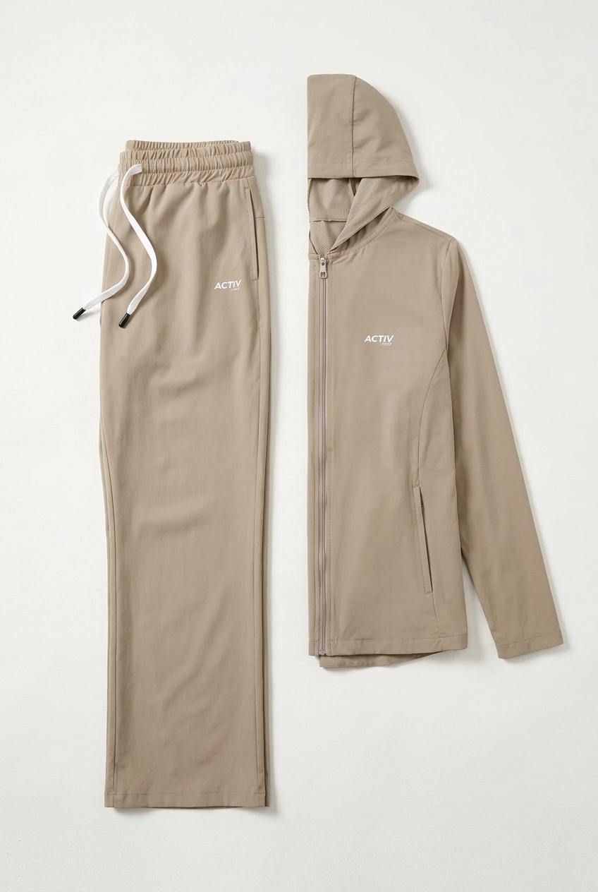 ACTIV NEO Women's Full-Zip Hooded Tracksuit Set – Beige / Light Khaki