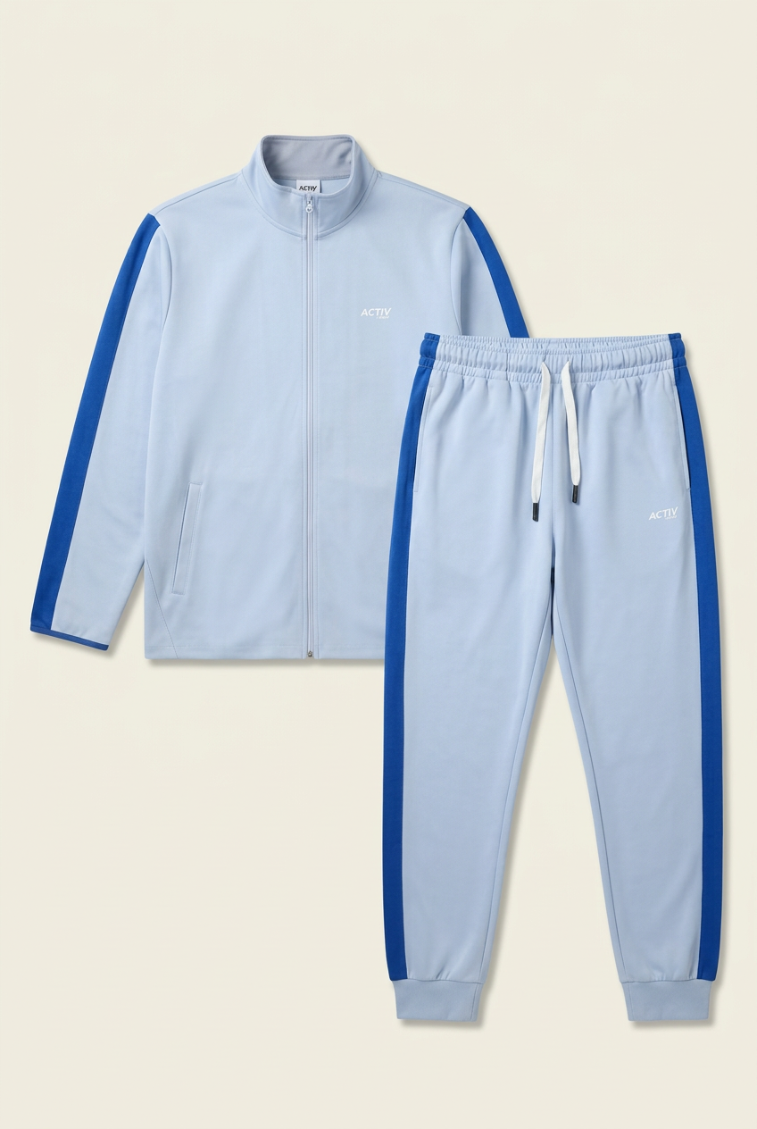 Men's Light Blue and Dark Blue Full-Zip Tracksuit Set
