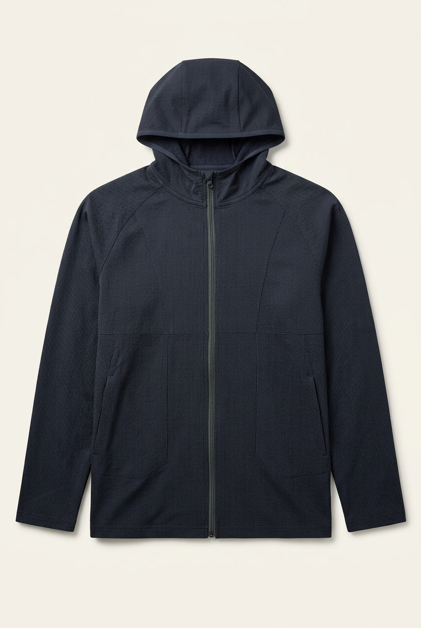 Men's Navy Blue Textured Full-Zip Hooded Jacket