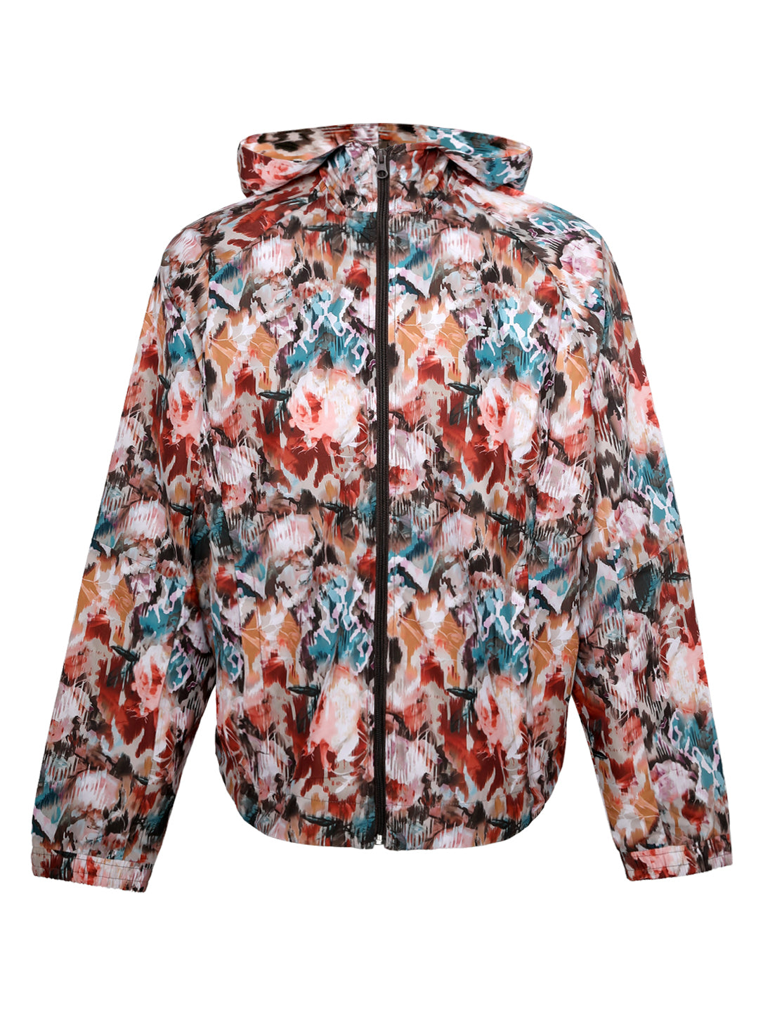 Multi-Color Abstract Floral Printed Hooded Windbreaker Jacket – Full-Zip Outdoor Sports Jacket