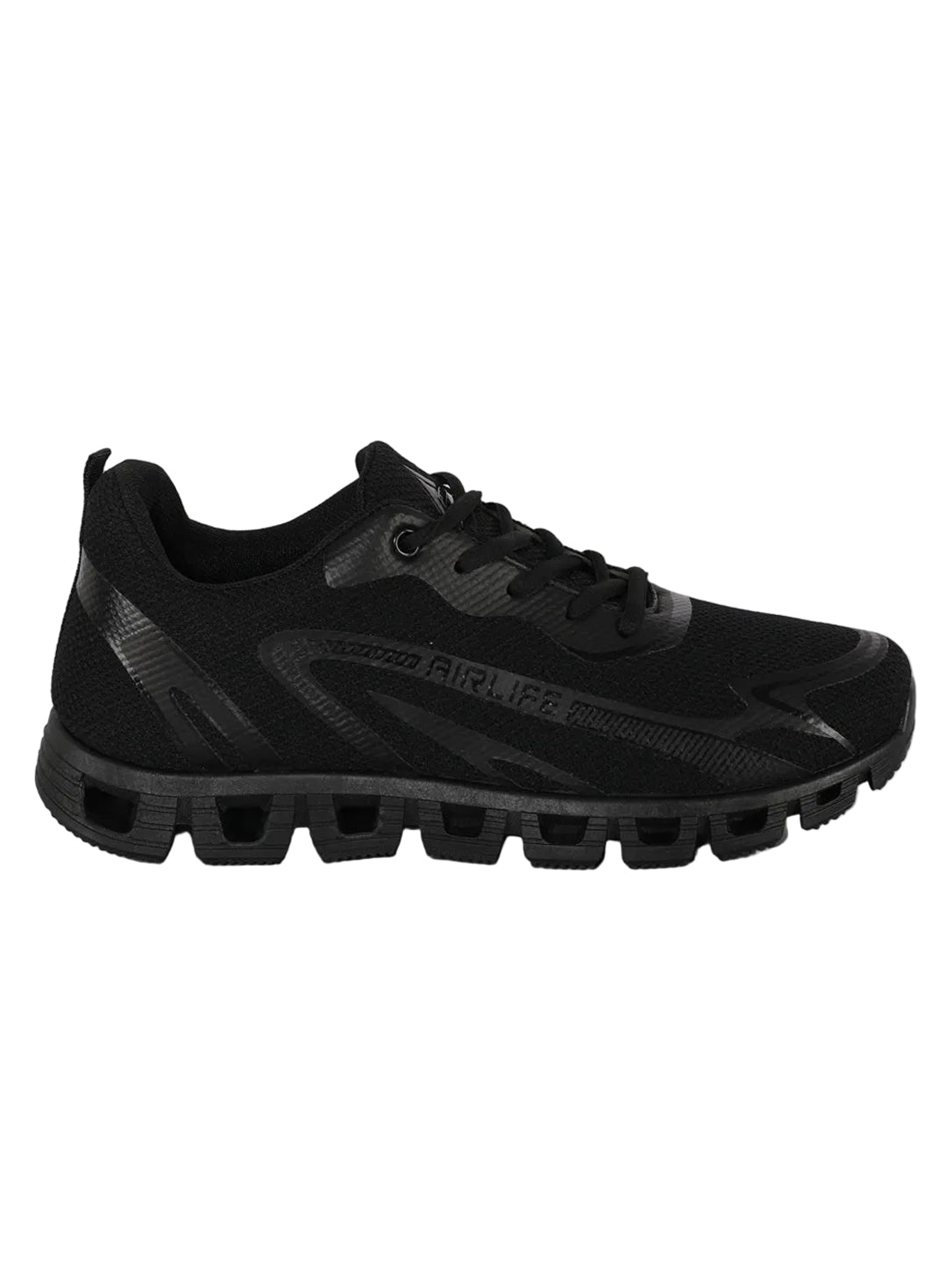 Men's All-Black Mesh Running Shoes with Dynamic Overlays & Hollow Sole