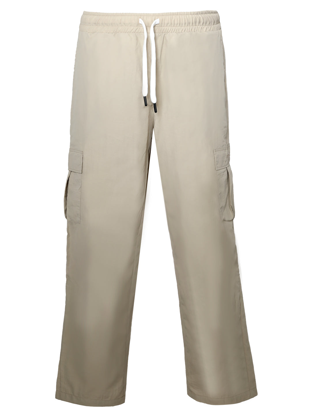 Men's Beige Loose-Fit Cargo Pants – Elastic Drawstring Waist Trousers