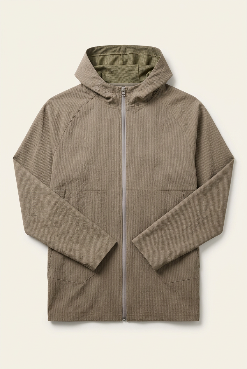 Men's Beige Textured Full-Zip Hooded Jacket
