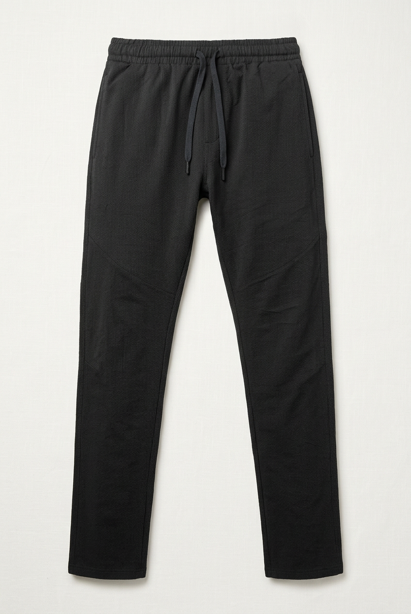 Men's Elastic Waist Casual Pants – Black Drawstring Textured Trousers