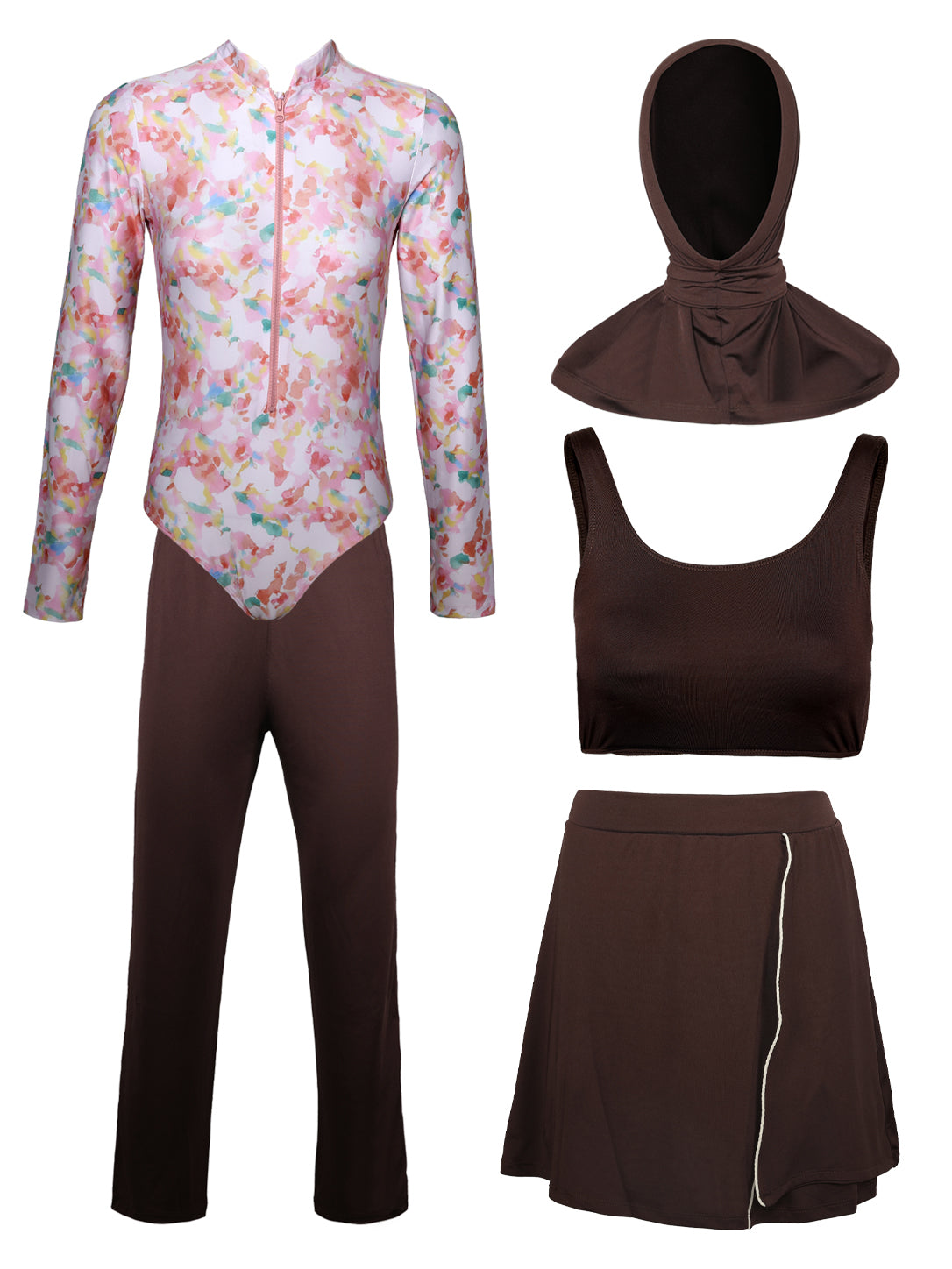 Girls' 5-Piece Modest Swimwear Set – Pink Floral Long Sleeve Bodysuit, Swim Pants, Crop Top, Skirt, and Hijab Hood