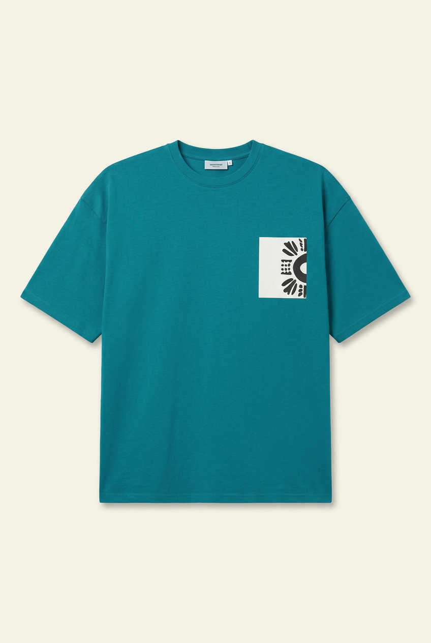 Men's Teal Blue Abstract Graphic Patch Oversized T-Shirt