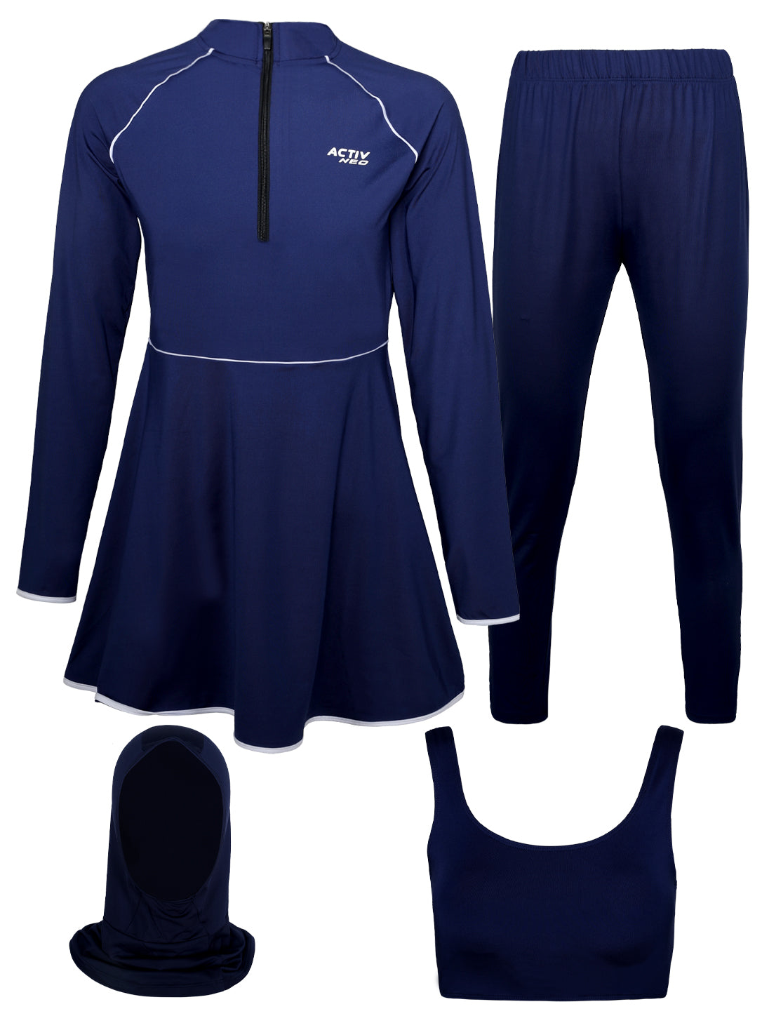 ACTIV NEO Women's 4-Piece Modest Swimsuit Set with Hijab Cap - Navy Blue