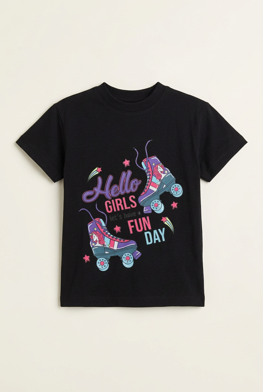 Girls' "Hello Girls Let's Have A Fun Day" Roller Skate Graphic T-Shirt – Black