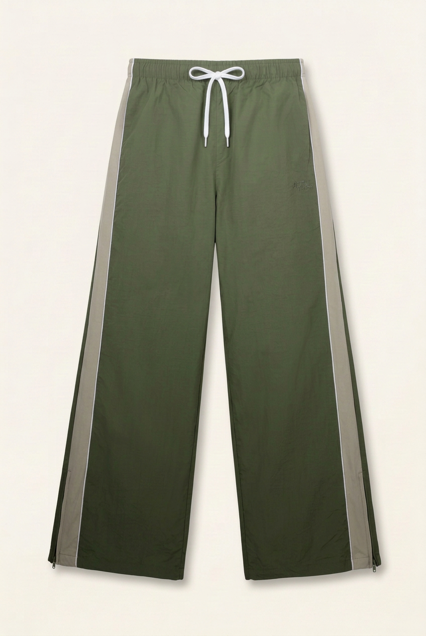 Men's Olive Green Wide-Leg Track Pants – Side Striped Casual Athletic Trousers