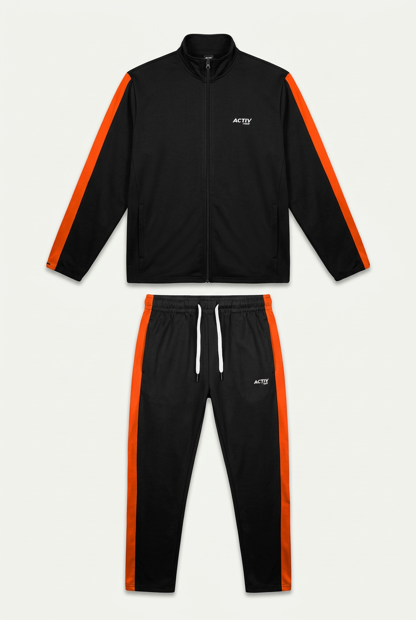 Men's Black and Orange Full-Zip Tracksuit Set