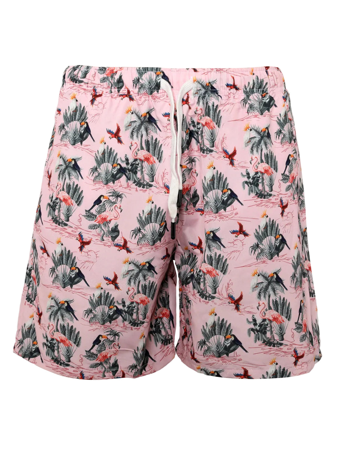 Men's Pink Tropical Bird Print Swim Trunks