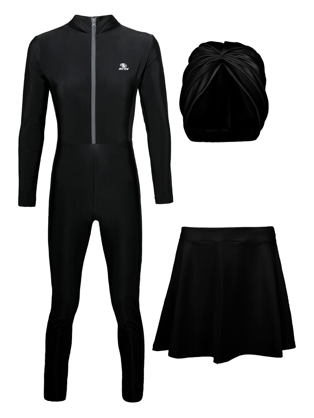 ACTIV Women's Full Cover Modest Swimsuit Set with Turban and Skirt - Black