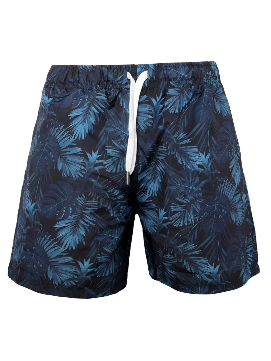 Men's Navy Tropical Leaf Print Swim Trunks