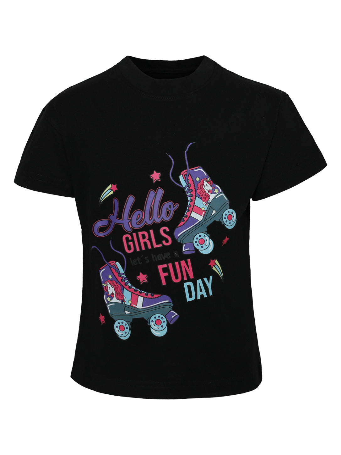 Girls' "Hello Girls Let's Have A Fun Day" Roller Skate Graphic T-Shirt – Black