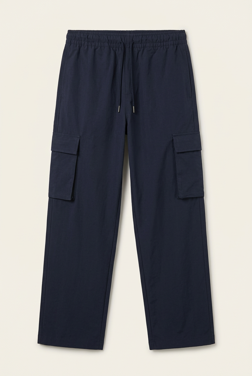 Men's Elastic Waist Cargo Pants – Navy Blue Casual Drawstring Utility Trousers