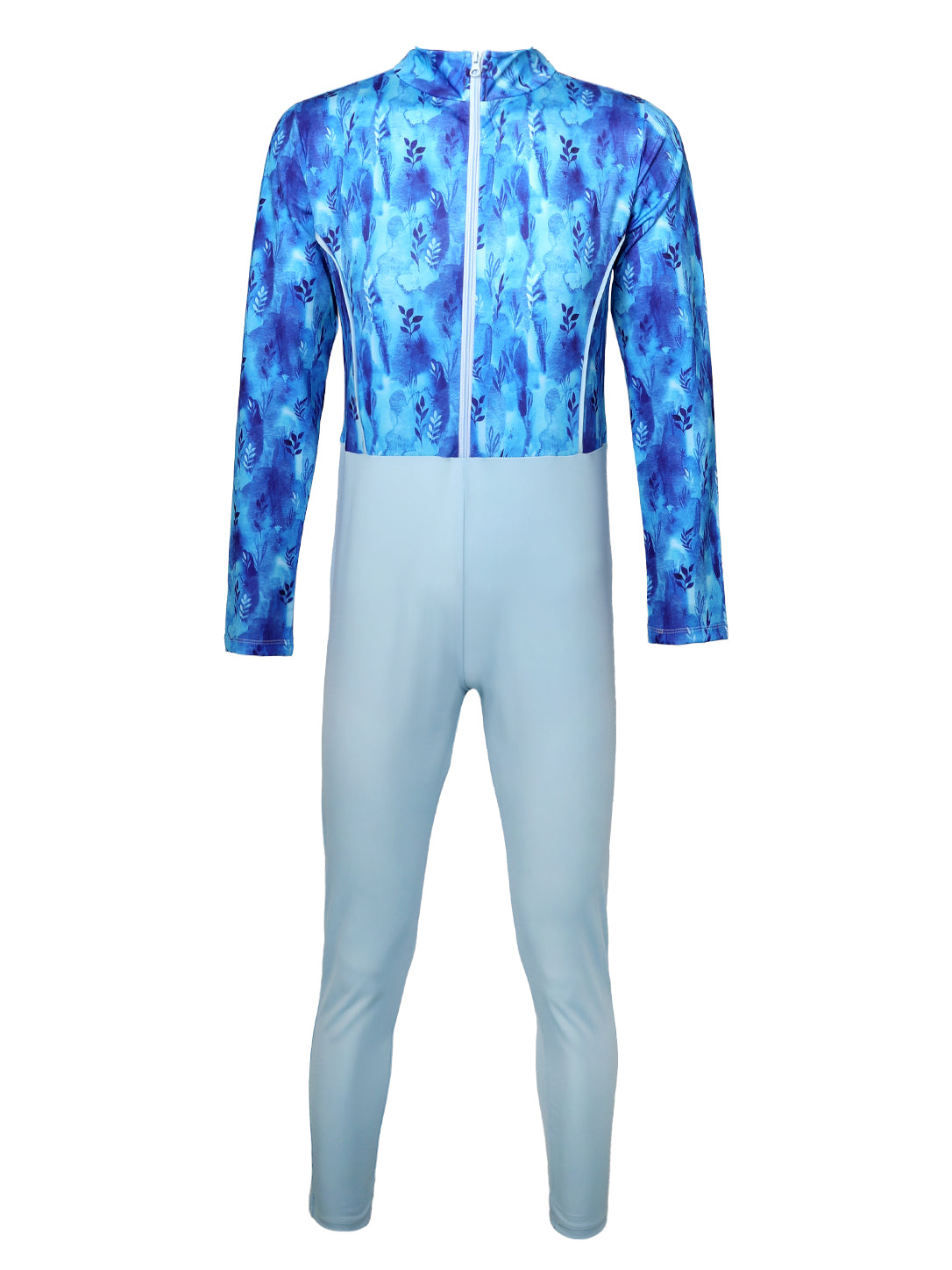 Girls' 3-Piece Full Coverage Modest Swimwear Set – Blue Botanical Print Long Sleeve Front-Zip Jumpsuit, Swim Skirt, and Turban Cap