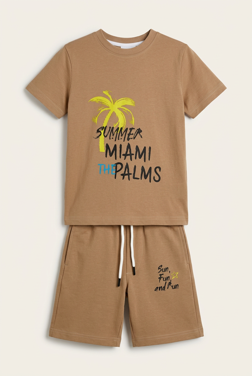 Boys' 2-Piece "Summer Miami" T-Shirt & Shorts Lounge Set – Tan/Beige