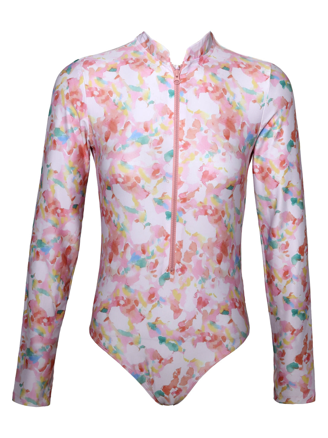 Girls' 5-Piece Modest Swimwear Set – Pink Floral Long Sleeve Bodysuit, Swim Pants, Crop Top, Skirt, and Hijab Hood