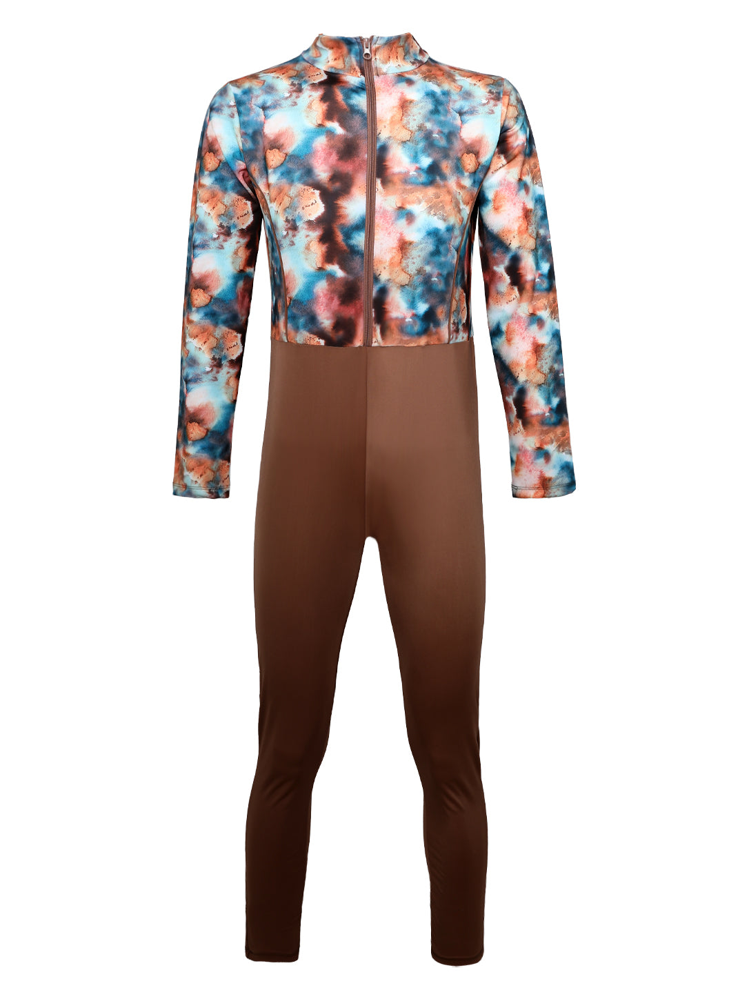 Girls' 3-Piece Full Coverage Modest Swimwear Set – Abstract Earth Tone Long Sleeve Front-Zip Jumpsuit, Swim Skirt, and Turban Cap