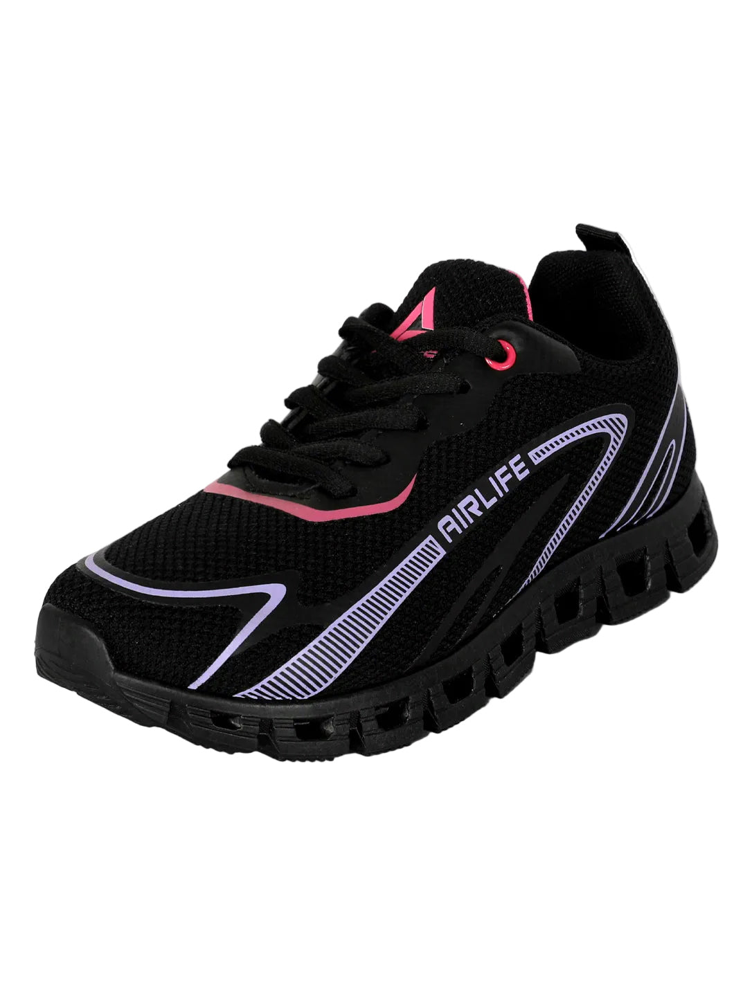 Women's Black Athletic Shoes with Pink & Purple Accents – Lightweight Mesh Running Sneakers
