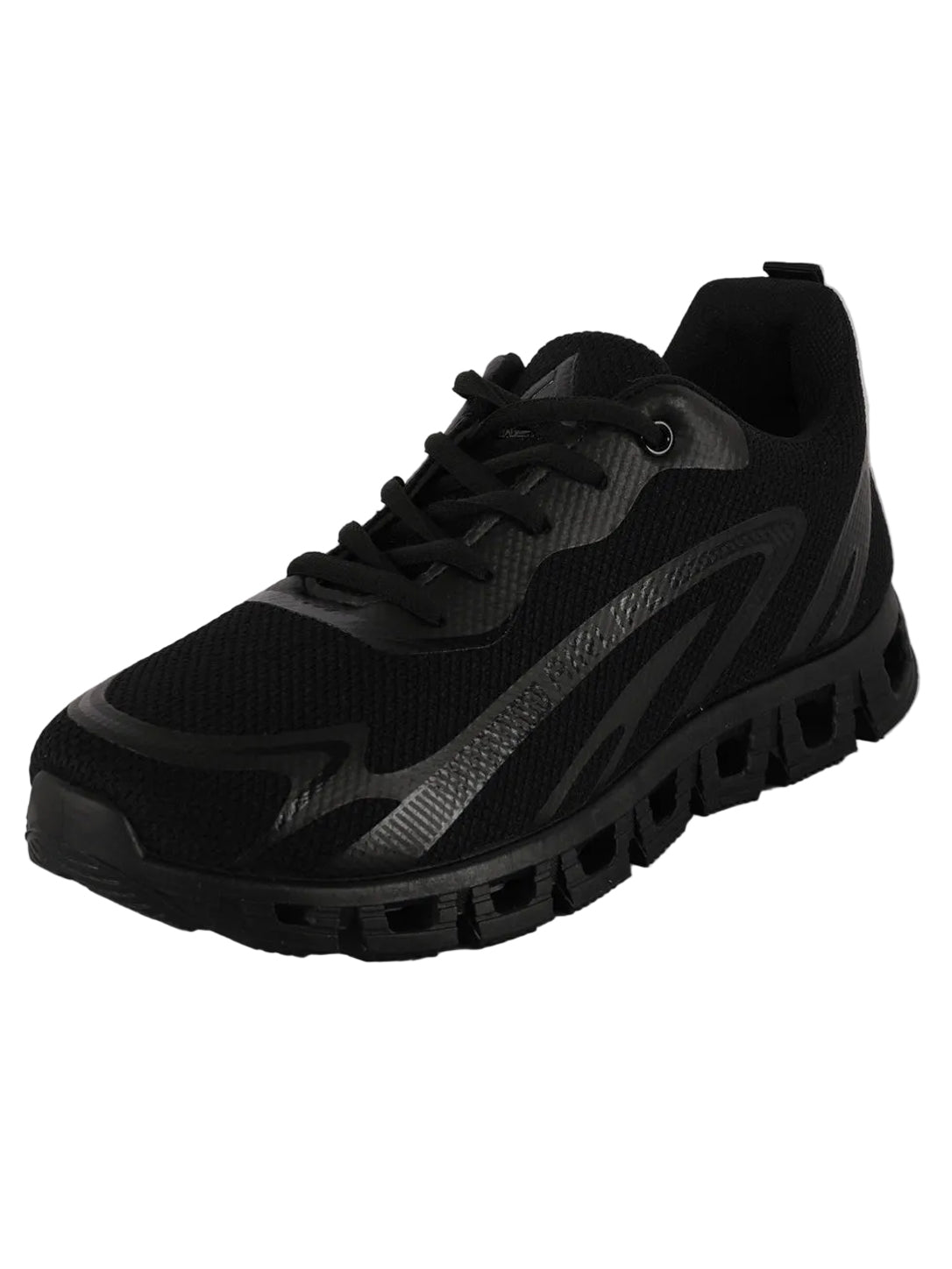 Men's All-Black Mesh Running Shoes with Dynamic Overlays & Hollow Sole