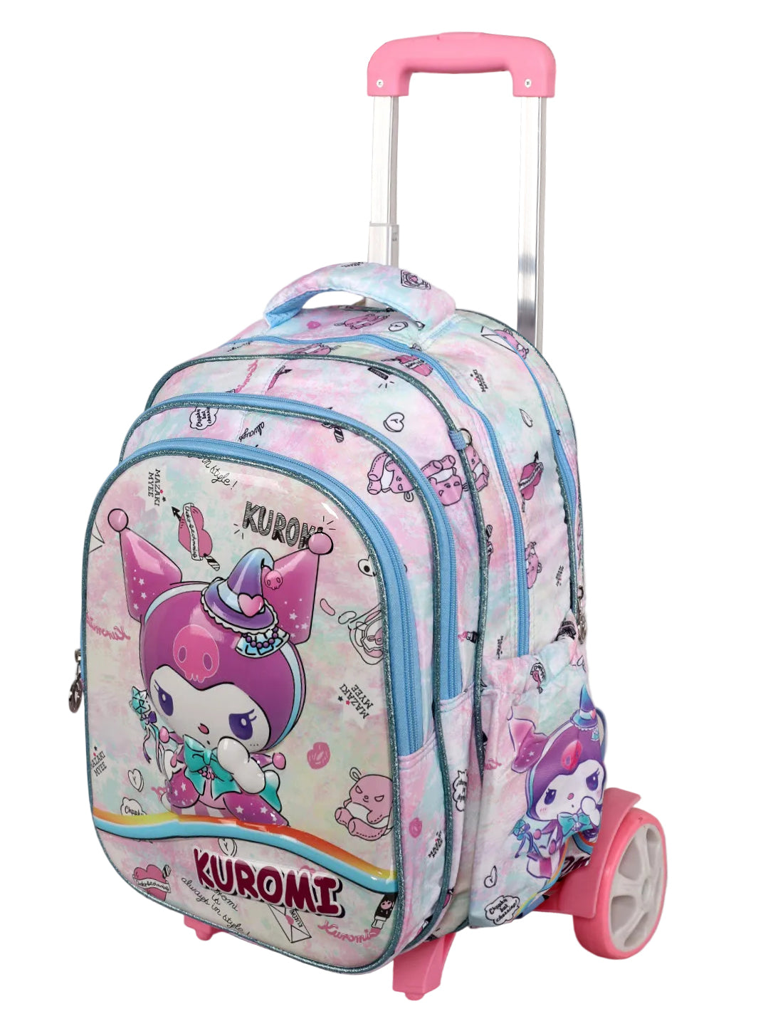 3-Piece Kuromi School Bag Set – Wheeled Backpack, Crossbody Lunch Bag, and Pencil
