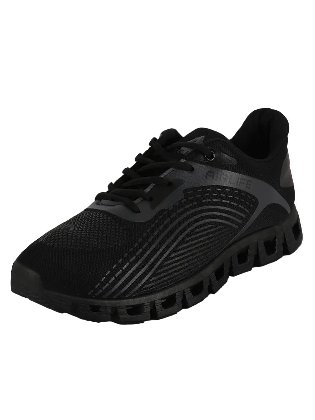 Men's All-Black Breathable Mesh Running Shoes with Hollow Cushioning Sole